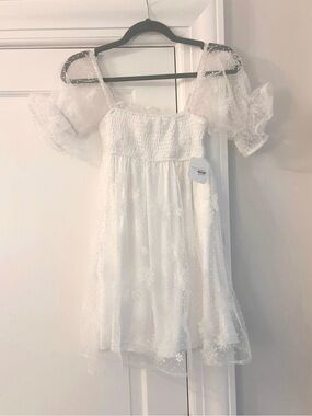 Alter’d State White Puff-Sleeve Smocked Bodice Dress